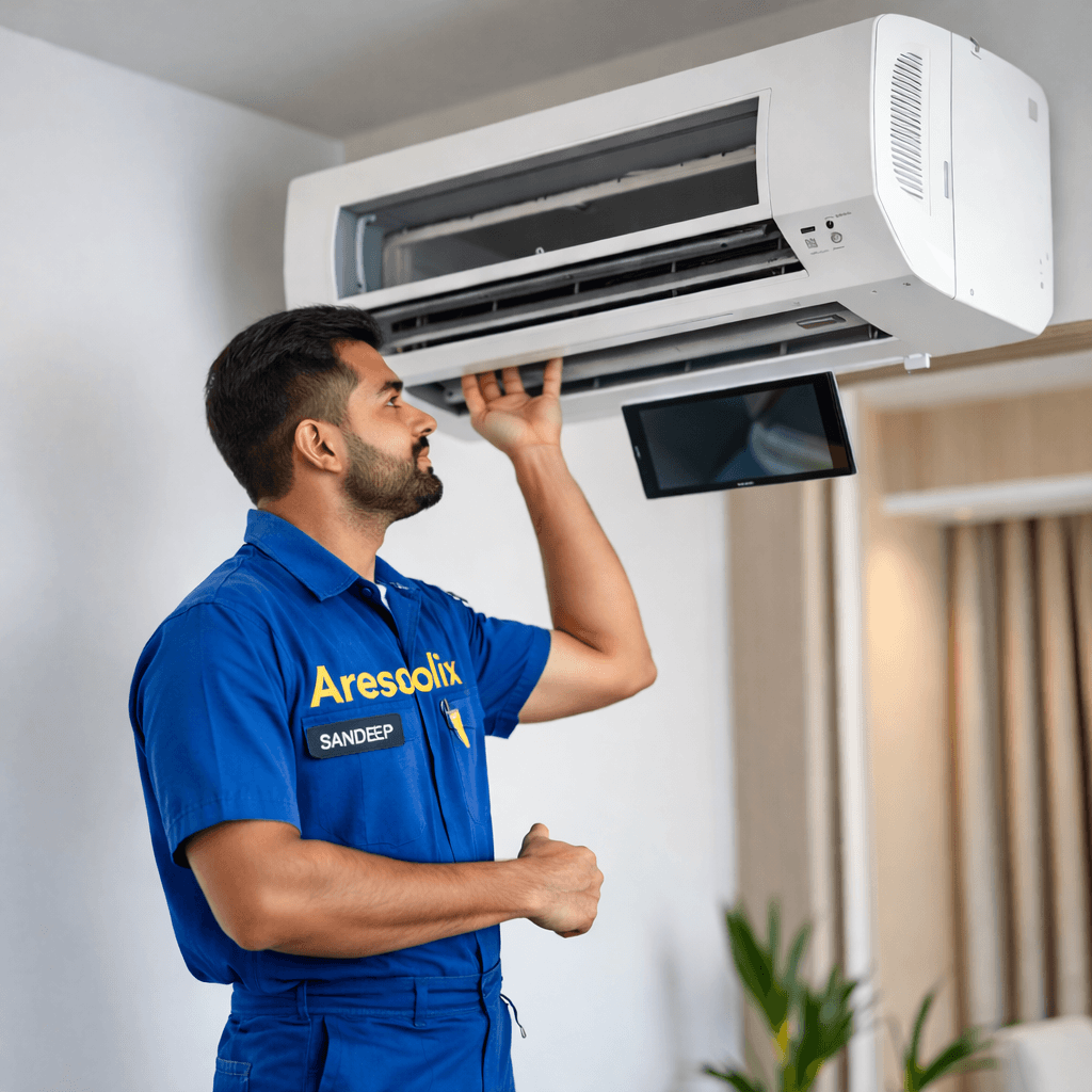 Areosolix technician performing AC maintenance service at home